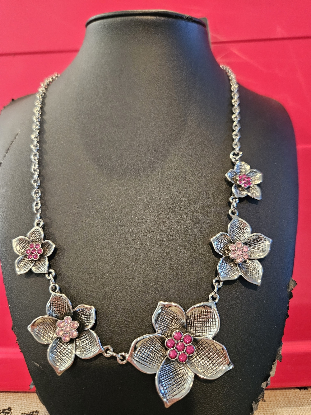 Silver Floral Necklace with Pink Crystal Centers